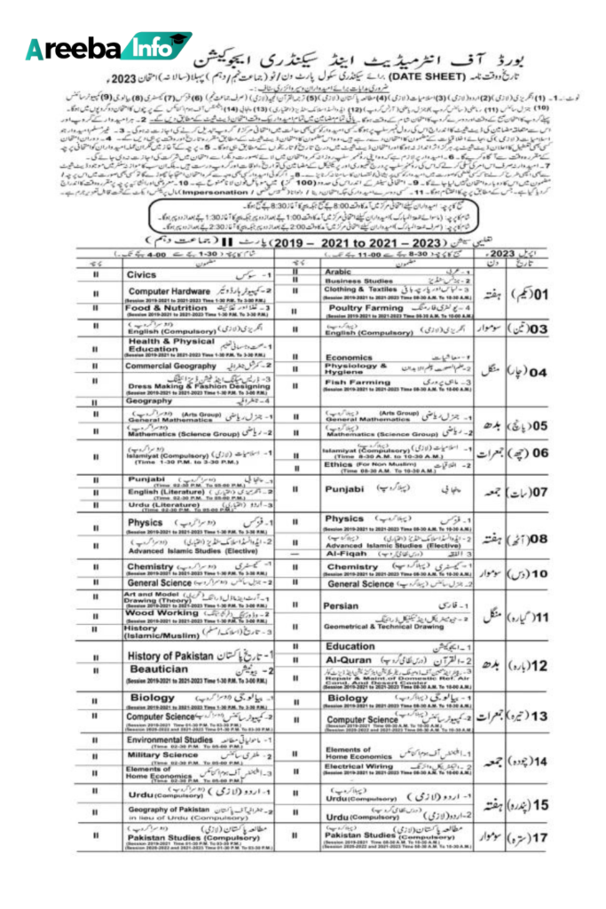 BISE DG Khan Annual Exam 2024 DateSheet 10th Class